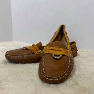 Maggio & Rossetto size 37 brown leather & yellow ostrich trim loafers